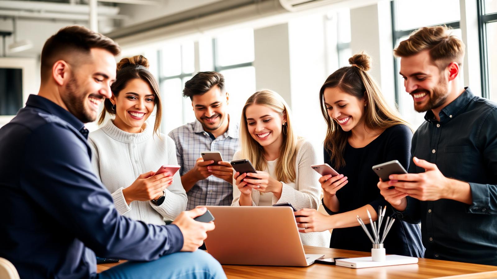 People collaborating on phones and laptops